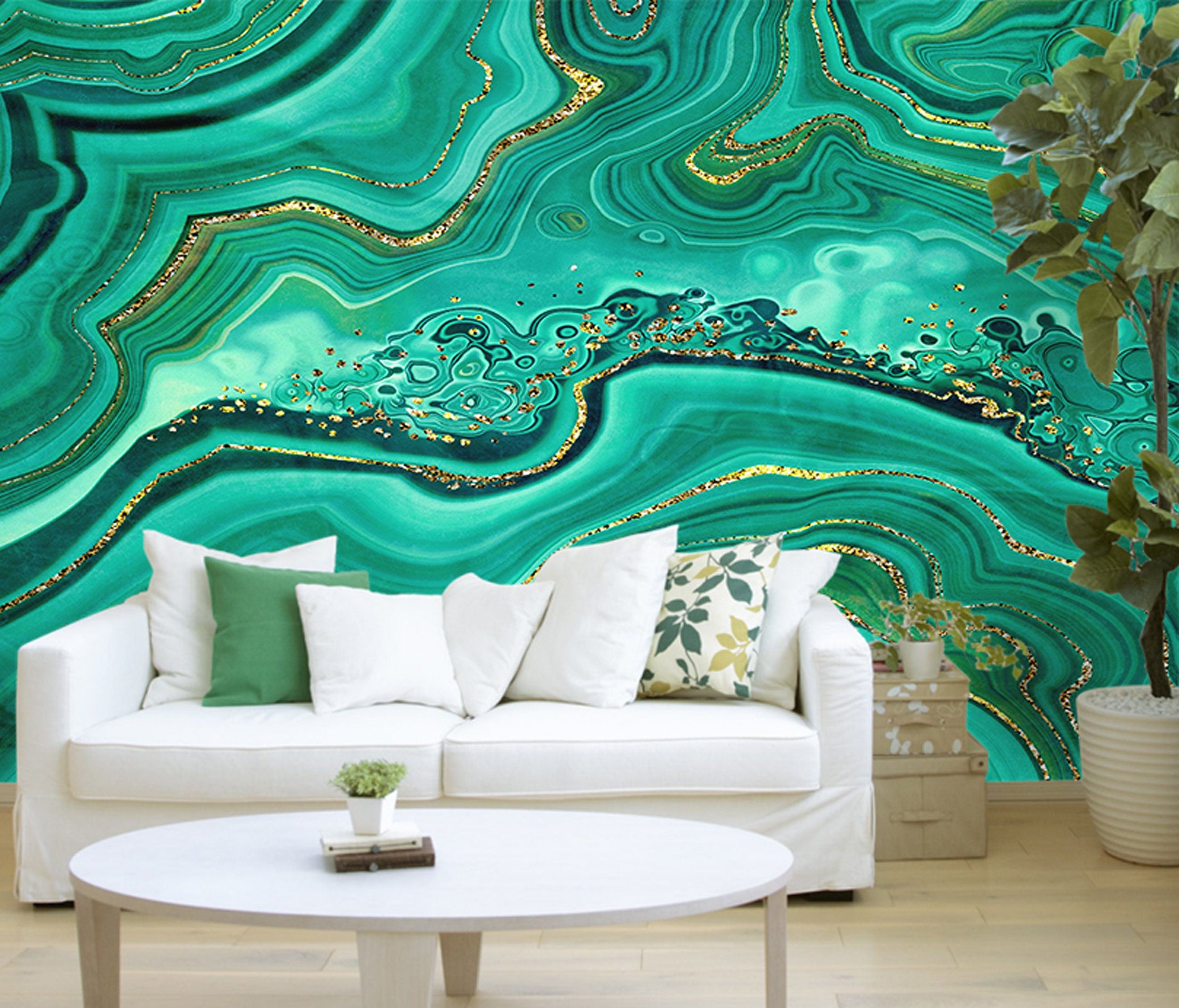 abstract malachite green wavy lines gold glitter veins modern marbling Peel  and Stick Wallpaper Removable Self-Adhesive Large Wallpaper Roll Wall