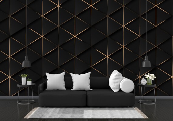 Luxury Triangle Abstract Black With Golden Light Lines Wallpaper , Wall  Mural for Home and Office 