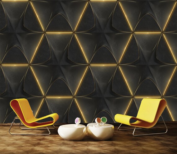 Black Hexagonal Geometry Tiles 3d Wallpaper With Golden Frayed Etsy