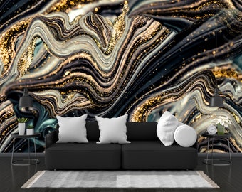 Marble Swirls And Agate Ripples. Natural Pattern. Abstract Fantasy Digital Print Wallpaper With Gold Dust