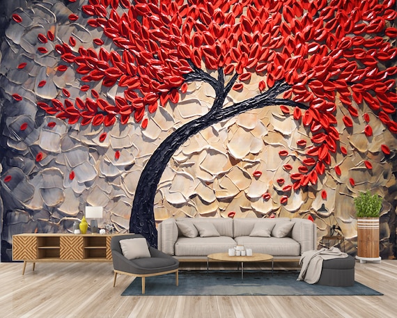 Buy 3D Red Tree Art Wallpaper Background Digital Printing Flower Online in  India - Etsy