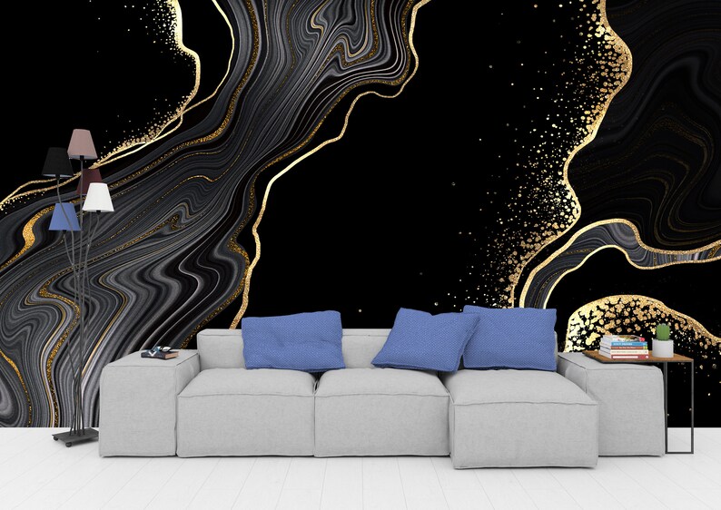 Black Marble Pattern Wallpaper With Gold Veins 3D Digital Etsy