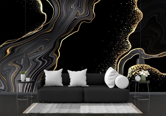 Black Marble Pattern Wallpaper With Gold Veins Digital Printing