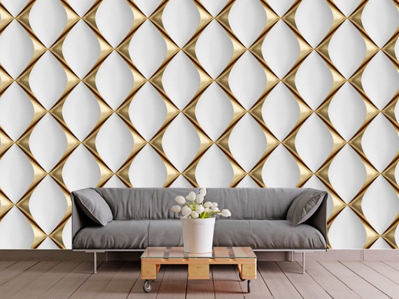 Buy 3D Wall Mural Made of White Background With Golden Decorative Online in  India - Etsy