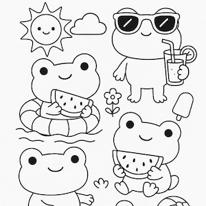 Kawaii Frog Coloring Page – Cute Summer Printable PDF, Digital Download Crayon Art, Fun Animal Coloring for Kids & Adults