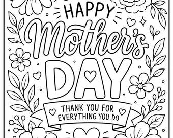 Mothers Day Coloring Page Printable, Cute Floral Card Kids Activity, Instant Download Gift