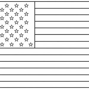 May include: Black and white illustration of the American flag. The upper left corner features a blue rectangle with 50 white stars. The rest of the flag has 13 alternating horizontal stripes.