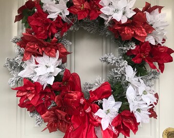 Lavish Red and White Poinsettia Wreath Free wreath storage bag!