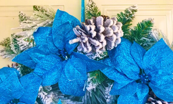 Blue Poinsettia Christmas Wreath XMASINJULY50OFF - Etsy