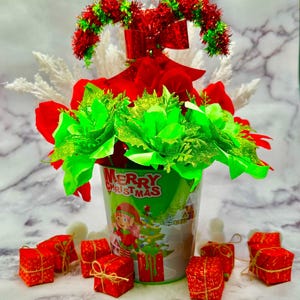 It’s not too late-ships next business day!Red and Green Poinsettias in a Christmas Bucket Bouquet   Day 8 of the 12 Days of Christmas Bouque