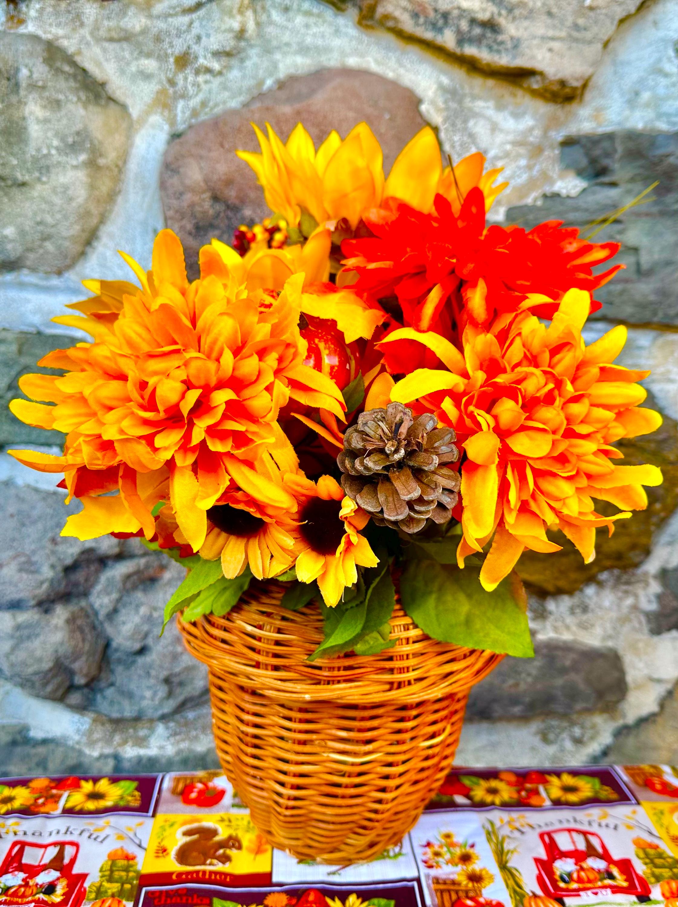 Basket of Fall Mums and Sunflowers                                          Mums are the birth flower for November