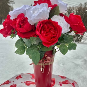 Valentine’s Day Farmhouse Metal Vase of Snow-Touched Roses