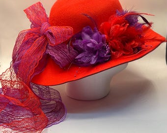 Vintage something special brimmed Red Purple Women\'s Hat beaded 1850s Victorian HAT STYLE ~ Purple Velvet Brim W/pink Satin  main image 4