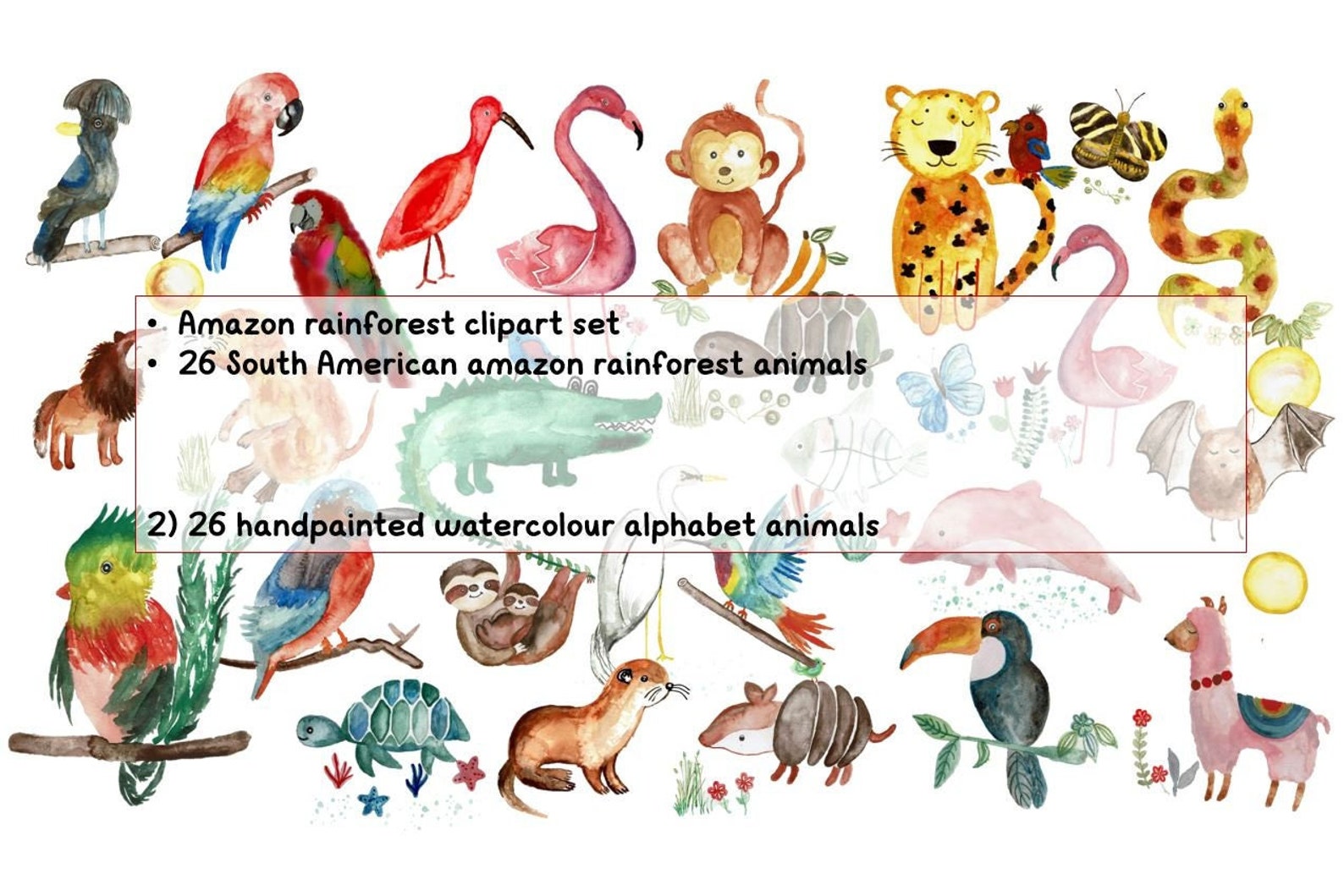 Amazon rainforest animals clipart tropical plants watercolour - Etsy.de