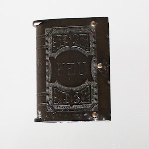 French, book-shaped, bakelite vesta, match safe, antique, vintage, ca 1910, marked FEU (fire)