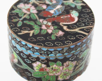 Antiek, Chinees, cloisonné opbergpotje met vogels, 2,5 cm hoog 6 cm doorsnee