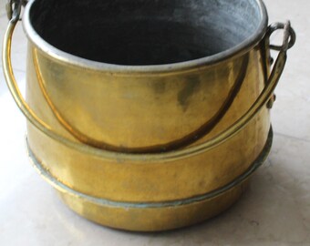 brass, antique kettle with fishing rod, dovetails, 19th century