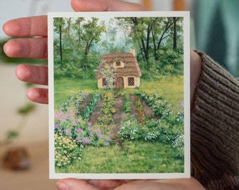 May include: A watercolor painting of a small cottage with a thatched roof, surrounded by a lush garden with flowers in shades of pink, purple, and yellow. The cottage is set against a backdrop of green trees.