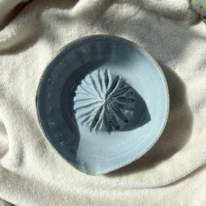 May include: A pale blue ceramic citrus juicer with a ridged centre for extracting juice. The juicer has a wide, shallow bowl with a small spout. The ceramic juicer is on a soft, textured, off-white surface.