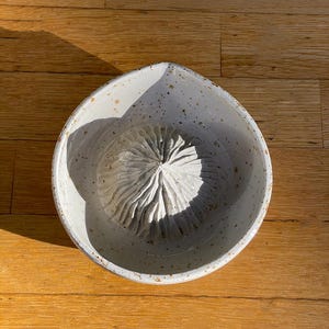 Op de afbeelding: Een gespikkelde witte keramische citruspers met een geribbeld midden voor het persen van sap. De pers heeft een brede, ondiepe kom met een puntige tuit en een gestructureerd interieur. De rand en het interieur hebben bruine spikkels.