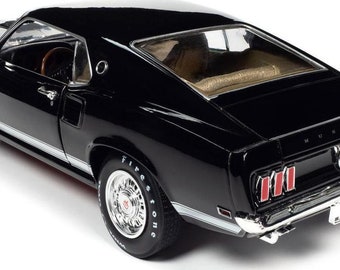 Diecast 1969 Ford Mustang GT Raven Black with White Stripes and Gold  Interior 1/18 Diecast Model Car by Auto World 