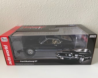 1969 Ford Mustang GT Raven Black 1/18 Scale Diecast Model Car By AUTOWORLD AMM1292 (Limited Edition)