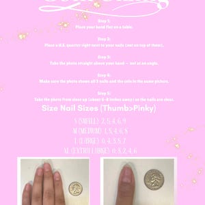 May include: Pink background with text "Coin Sizing" and instructions for measuring nail sizes using a U.S. quarter. Includes a hand with nails and a quarter for size comparison. Nail size chart is also included.
