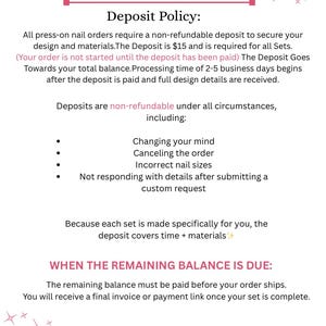 May include: A pink and white graphic with the text "Slayedbykymlee" at the top. The text below details the deposit policy for press-on nail orders, including non-refundable deposit terms and payment information.
