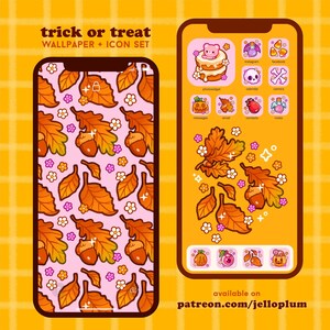 Peut inclure: Un écran de téléphone numérique avec un fond d'écran à motif de feuilles d'automne rose et orange et un ensemble d'icônes sur le thème d'Halloween. Les icônes comprennent une citrouille, un crâne, une fiole de potion, un maïs sucré et un gâteau avec un ours sur le dessus. Le texte "trick or treat" et "WALLPAPER + ICON SET" est en haut de l'écran. Le texte "available on patreon.com/jelloplum" est en bas de l'écran.