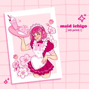 Różowy wydruk artystyczny A5 | Mew Mew Power, Maid Ichigo