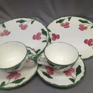 Puede incluir: Un juego de tazas de té y platillos vintage con un patrón floral verde y blanco. Las tazas y los platillos presentan un diseño floral rosa con hojas verdes.