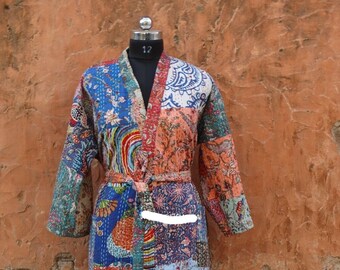 100% Cotton Assorted Design Vintage Luxury Kimono Kantha Robe, Indian Patchwork Print, multi color Quilted Dressing Gown, Vintage style,