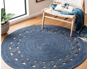 Blue Handmade Round Assorted Cotton Area Rugs Hand Braided Round Rugs Home Décor Rugs Bohemian Rug Floor Rug Room Decor New Design Rugs