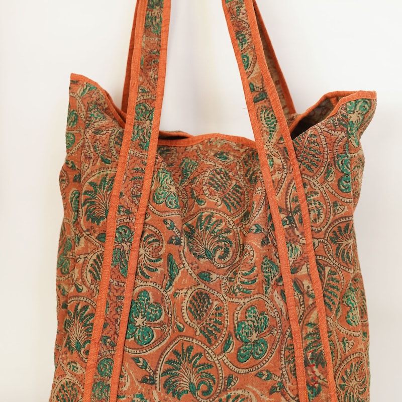 Green - Handmade Gamcha Fabric Kantha Work Tote Bag