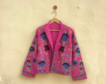 Cotton Suzani Hand Embroidery Jacket Coat,Pink Women Wear Winter Jackets, Bridesmaid Gift, Winter Jacket, Kimono Robe, Bridesmaid Jackets