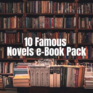 May include: A library filled with books, with the text "10 Famous Novels e-Book Pack" in white. The image shows a variety of books on shelves and a table, suggesting a collection of literature.