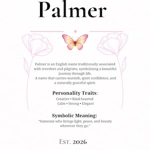 以下が含まれることがあります： 白い背景に黒い「Palmer」という名前、ピンクの蝶、花の模様。テキストは名前の意味、性格的特徴、象徴的な意味を説明しています。「EST. 2026」の年も表示されています。