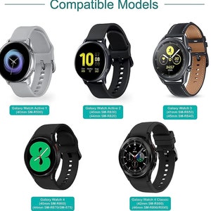 May include: A collection of six different Samsung Galaxy smartwatches in various colors and styles. The watches are shown with their corresponding model names and sizes. The watches are compatible with a variety of Samsung Galaxy Watch models.