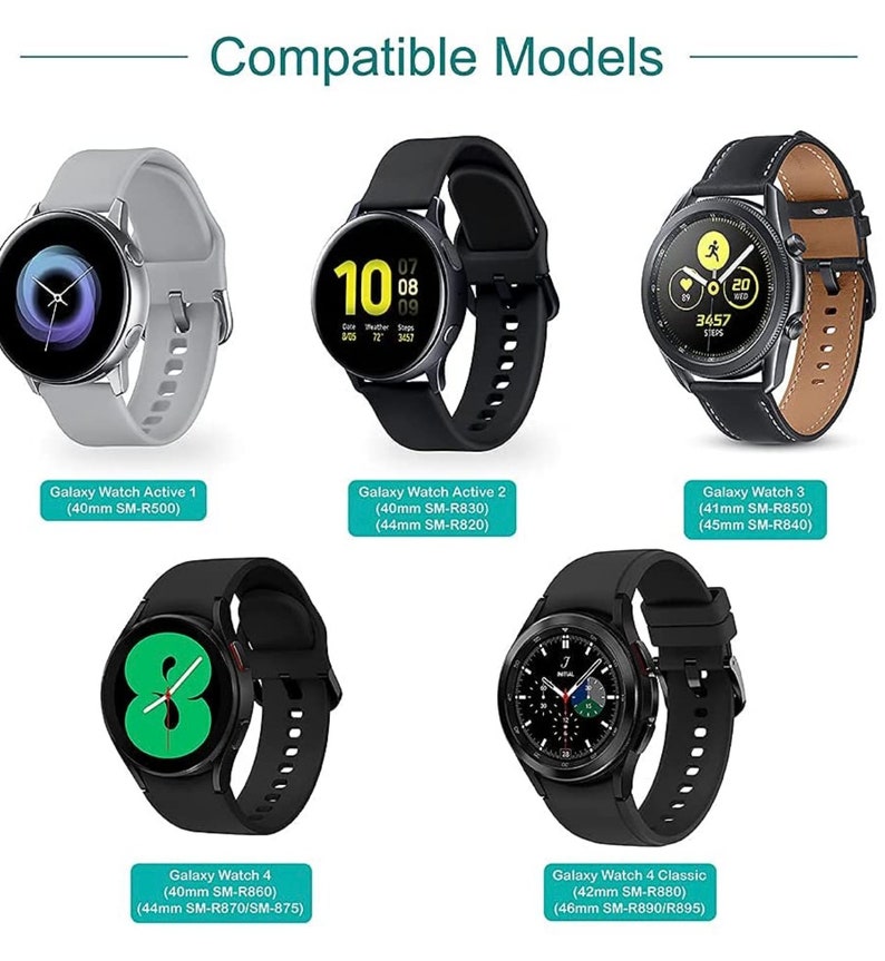 May include: A collection of six different Samsung Galaxy smartwatches in various colors and styles. The watches are shown with their corresponding model names and sizes. The watches are compatible with a variety of Samsung Galaxy Watch models.