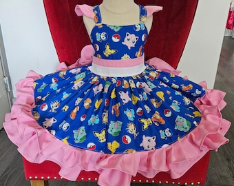 Girls Pokemon trading card animation Poofy Pink Birthday Dress Spring Summer Dress sizes 2 to 8 Girls/ Kids / Toddlers Custom Made