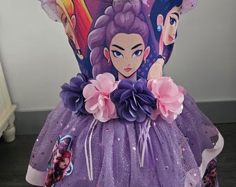 Dziewczęca sukienka K-Pop Demon Hunters Huntrix w kolorze fioletowym Rumi, Mira, Zoey na przyjęcie urodzinowe, rozmiar 3/4 5/6 7/8, szyta na miarę dla dzieci