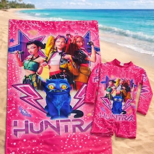 Flickor K-Pop Demon Hunters Huntrix Baddräkt Baddräkt med matchande handduk Rumi, Mira, Zoey Födelsedagsfest storlekar 4/5 6/7 8/9 Barn Anpassad