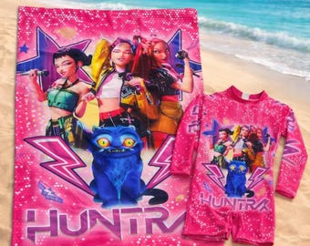 Girls K-Pop Demon Hunters Huntrix Bathing Suit Swimsuit with matching Towel Rumi, Mira, Zoey Birthday Party sizes 4/5 6/7 8/9 Kids Custom