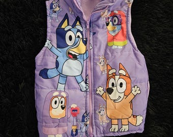 Chaleco acolchado morado con cremallera de Bluey y Bingo de Disney para niñas, cálido, ideal para el invierno, tallas 4/5, hecho a medida, ideal para Navidad.