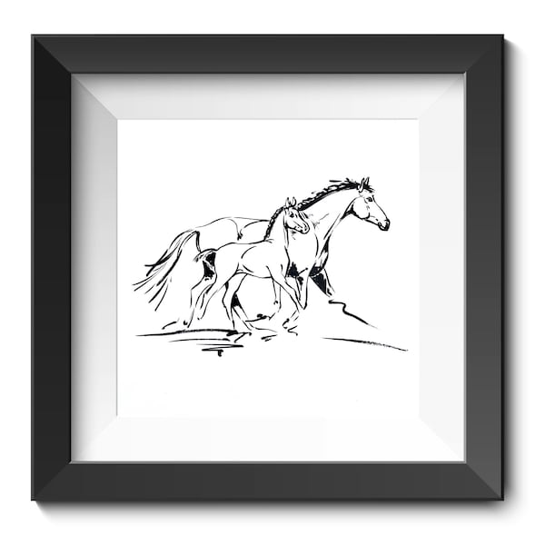 Horse mare mother foal instant digital download art print, wall hang sketch printout, animal baby horse line drawing or gift