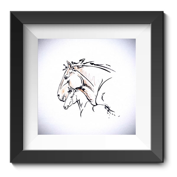 Horse mare mother foal instant download art print wall hang sketch printout animal baby horse line drawing or gift