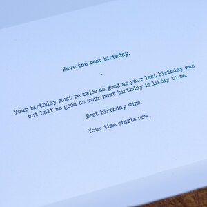 Opened task reads 'Have the best birthday. Your birthday must be twice as good as your last birthday was but half as good as your next birthday is likely to be. Best birthday wins. Your time starts now.'