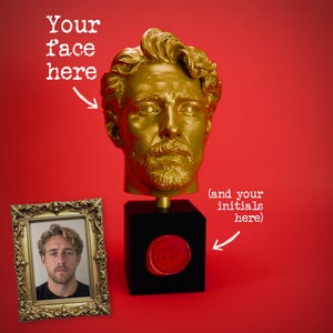 May include: A gold-coloured bust of a person with wavy hair and a beard, mounted on a black square base. A red wax seal with the initials JP is on the front of the base. Text on the image reads: Your face here and (and your initials here).