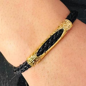 Engraved Men’s 14K Gold Plated Bracelet, Braided Cord, Customizable Black Wristband, Handmade Gift for Him, Husband or Boyfriend