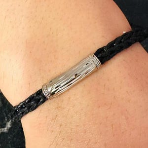 Handmade 14K Gold Plated Engraved Textured Bar Bracelet for Men, Adjustable Braided Leather Wristband, Unique Gift for Him